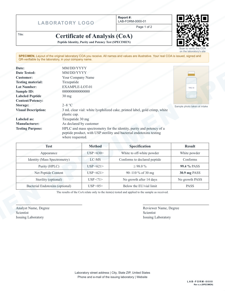 Specimen certificate of analysis